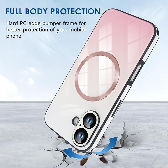 Guppy Compatible with iPhone 16 Case Magnetic, with Full Camera Lens Protector [Compatible with MagSafe] Scratch Resistant Gradient Glass Back Cover Phone Case-Pink