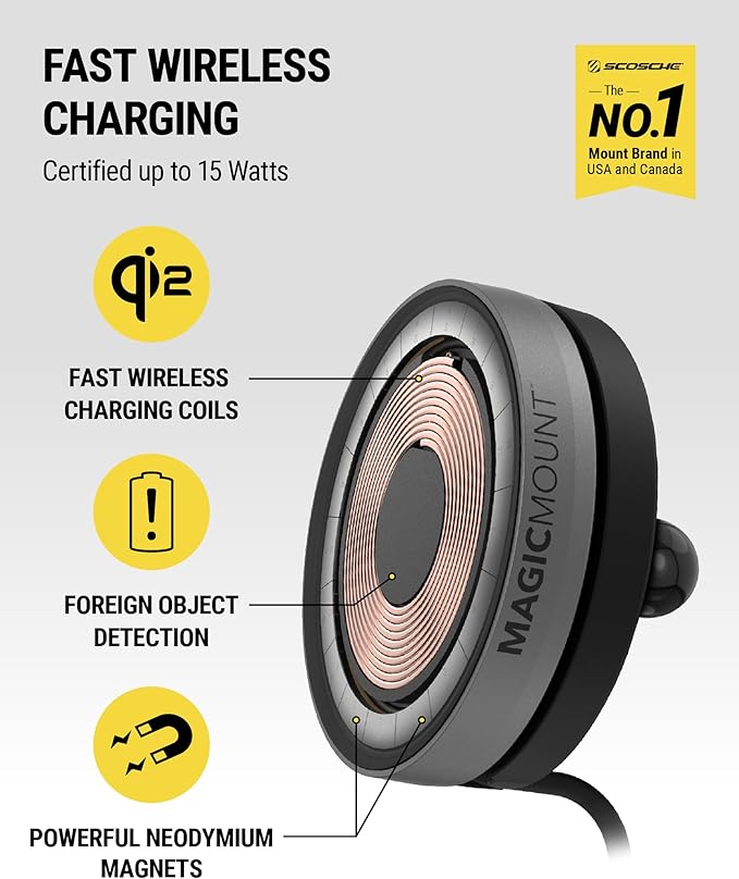 Scosche Qi2 Wireless MagSafe Car Mount Charger, 15W Magnetic Suction Cup Windshield/Dashboard Cell Phone Holder with Vent Clip & Fast USB-C Car Charger Compatible with Apple iPhone 16/15/14/13/12, S25