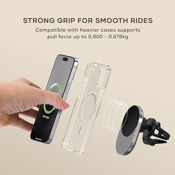 Satechi Qi2 Wireless Car Charger, Travel Friendly Car Phone Mount Charger for Air Vents, 15W Fast Chargers, for iPhone 17 to 12 Series