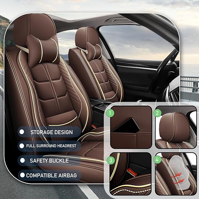Leather Car Seat Covers Fit for Toyota Camry Solara 2004-2008, 5 Seater Car Seat Cover, Premium Waterproof, Scratch Resistant Car Interior Accessories (Full Set with Pillow Coffee)