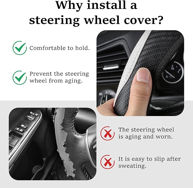 Car Steering Wheel Cover, 15 inch Carbon Fiber Microfiber Anti-Slip Breathable PU Leather Elastic Steering Wheel Protector, Car Interior Accessories for Most Cars (White)
