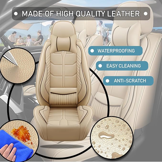 Leather Car Seat Covers Fit for Toyota Prius Prime 2017-2024, 5 Seater Car Seat Cover, Premium Waterproof, Scratch Resistant Car Interior Accessories (Full Set with Pillow Beige)