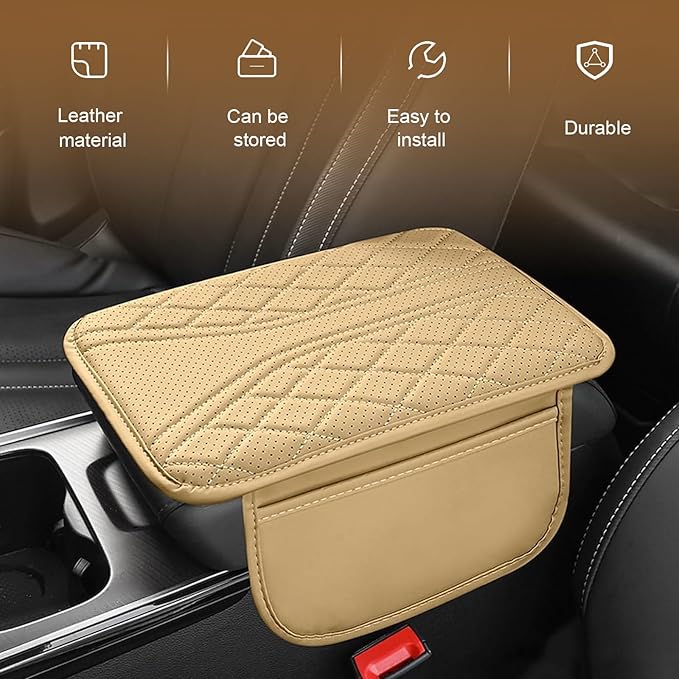 Car Center Console Cover, Leather Automotive Armrest Cushion with 2 Storage Bags, Breathable Armrest Cover, Universal Waterproof Arm Rest Protection Pad for SUV, Sedan, Truck (Beige)