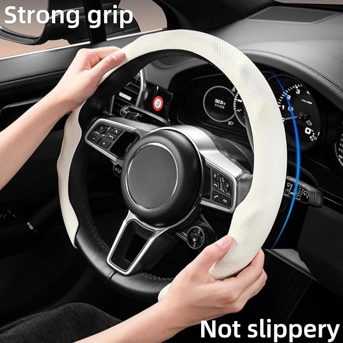 Universal 15 Inch Premium Nappa Leather Steering Wheel Cover - Non-Slip, Soft Comfortable Grip, Easy Install for Most Cars (Volcanic red)