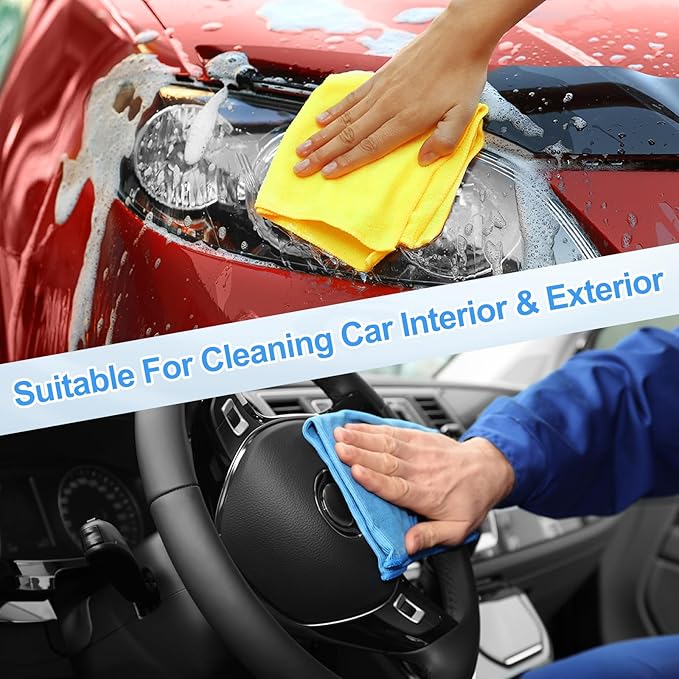 HARFINGTON 4 Pack Microfiber Cleaning Cloth, 14" x 14" Multi-Functional Cleaning Towels Reusable Absorbent Rags with Hook for Car Wash Kitchen Household Window Clean, Brown