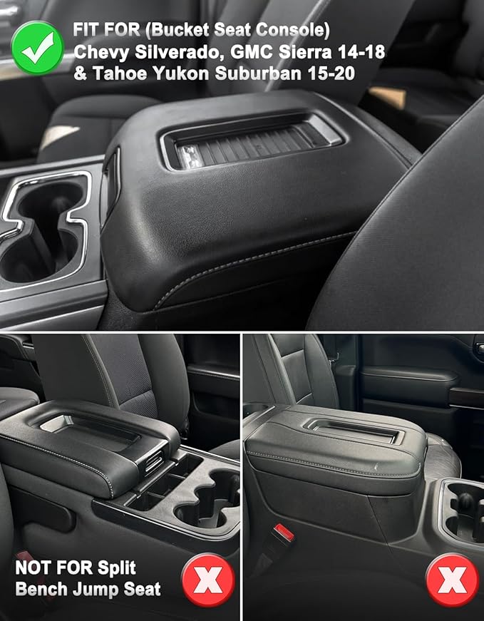 KBH Center Console Armrest Cover for Chevy Silverado & GMC Sierra 1500 2500 3500 2014-2018, Tahoe Suburban Yukon 2015-2020, Bucket Seat Console, Vinyl Leather, Black-Red Double Stitch