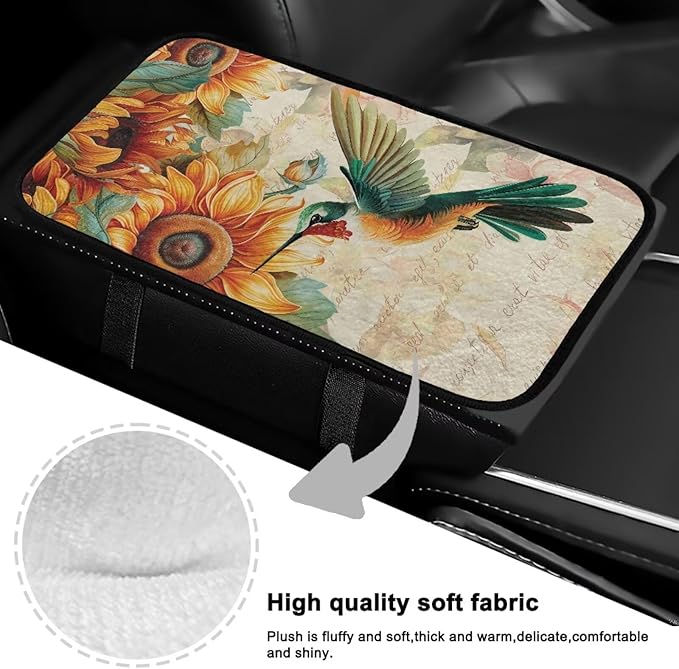 Sunflower Hummingbird Middle Console Covers Non-Slip Flannel Armrest Cover for Car Easy Install Arm Rest Lid Protector Cushion Fit for Cars Truck SUV or Vans