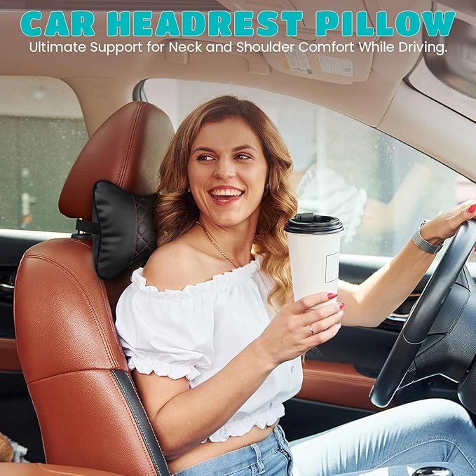 Set of 2 Quilted Faux Leather Car Headrest Pillow, Black Case/Red Threading, Ergonomic Neck Support for Comfortable Driving (Black Base/Red Thread)