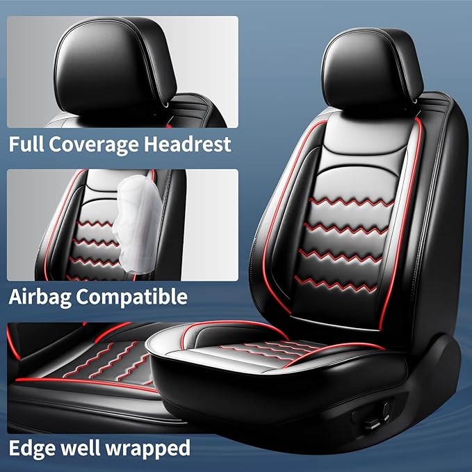CX-90 Car Seat Covers Fit for Mazda CX-90 2007-2026, Full Coverage Premium Leather Waterproof Breathable Seat Covers, Automotive Seat Protectors, Airbag Compatible(2 Front Seats, Black & Red)
