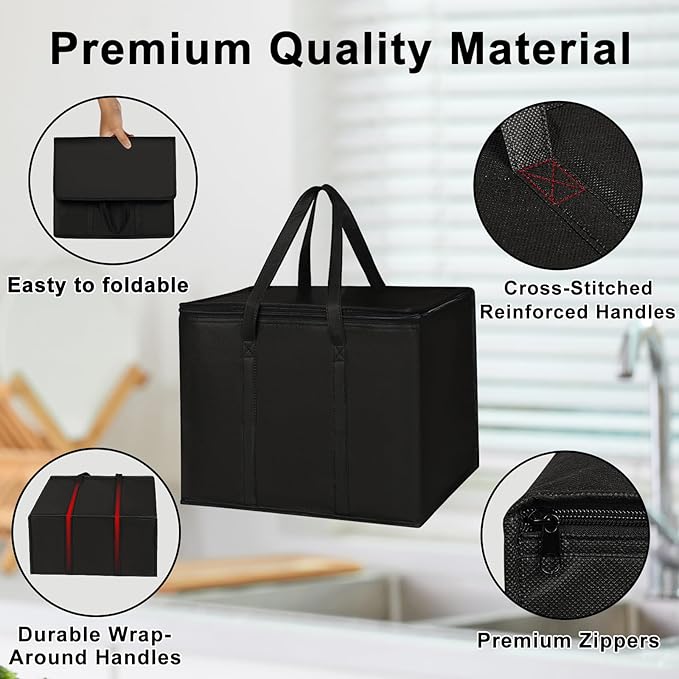 2 I 4 Pack Insulated Reusable Grocery Shopping Bags with zippered top,Food Delivery Bag,Collapsible Cooler Bag