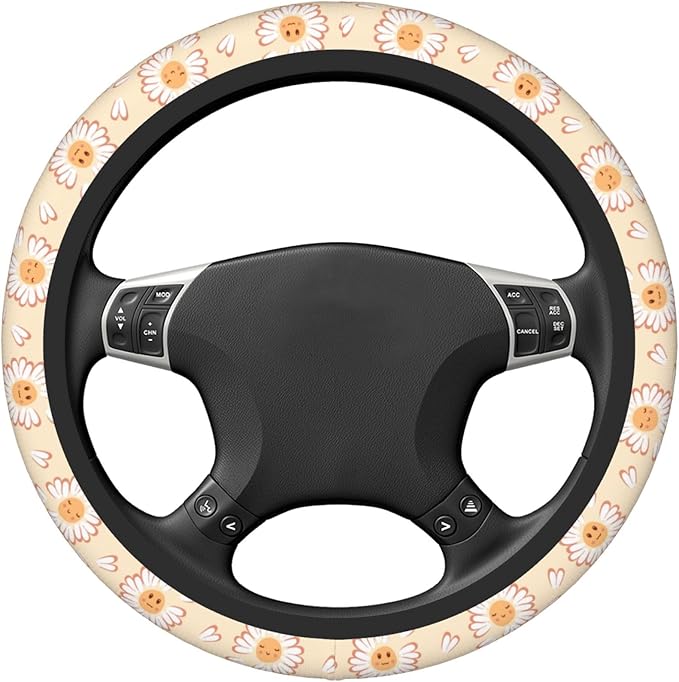 Car Steering Wheel Cover,Smiling Face Flower Universal Non Slip Wheel Protector 15 Inch Elastic Car Accessories for Men Women
