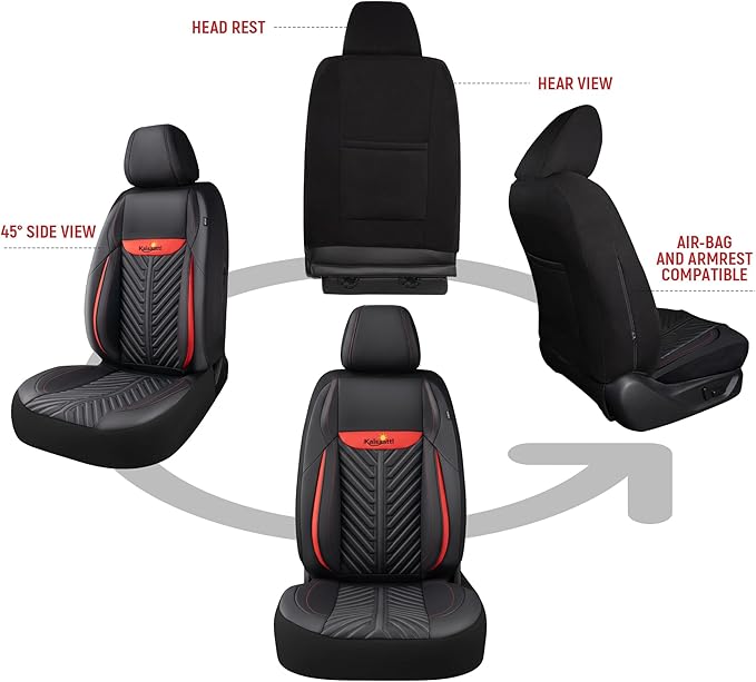 PU Leather Car Seat Covers Front Set – Waterproof seat Cover for Cars，3D Foam Support Automotive seat Covers ，Airbag Compatible, Universal Fit for Cars SUVs Trucks Sedans（Black/Red）