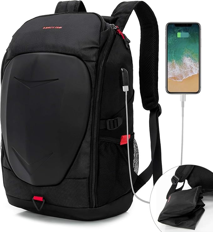 KINGSLONG 17 Inch Laptop Backpack with Hardshell, Armored Backpack with USB Port and Lightweight Rain Cover for Motorcycle Outdoor Racing Waterproof Rucksack Black