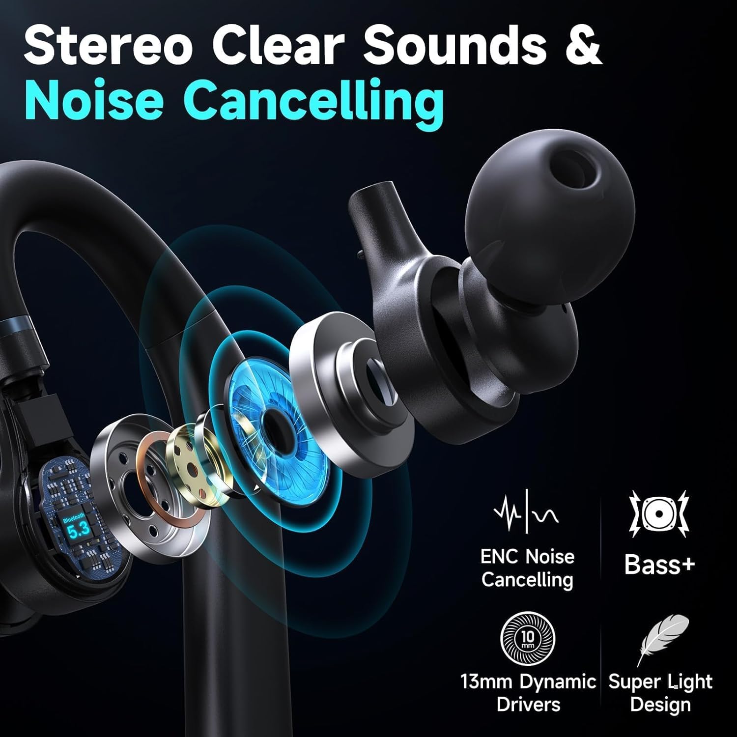 Bluetooth Headset Wireless Earpiece 60Hrs Playback Built-in Dual Mic Noise Canceling Wireless Headset Earphone with 400mAh LED Charging Case for Business Office Trucker (Black)