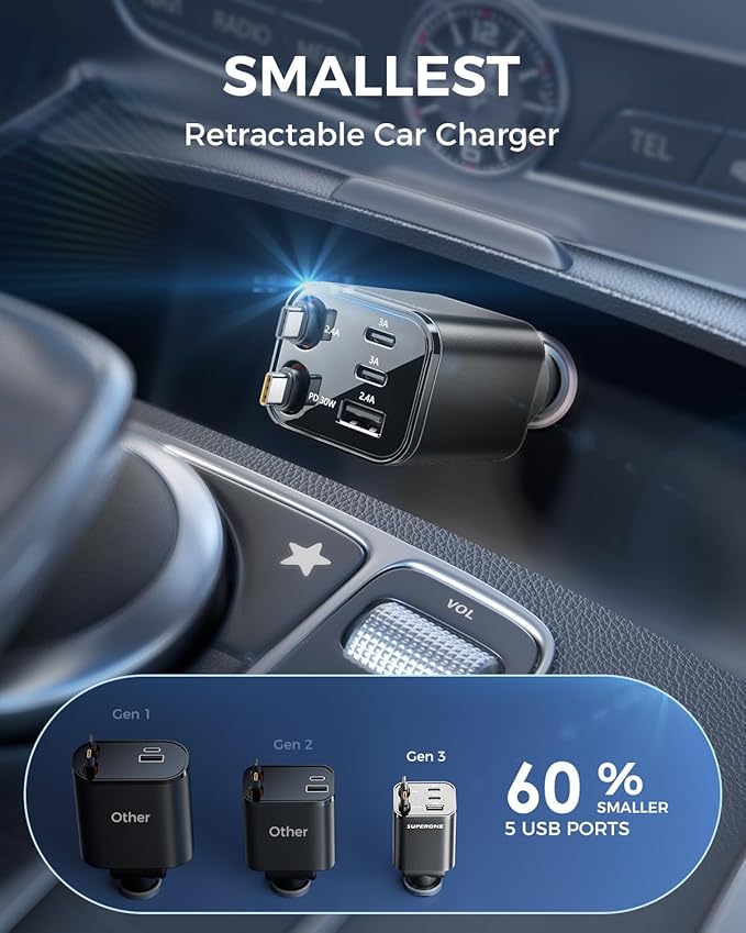 2026 Ultra-Compact SUPERONE Retractable Car Charger, 5 in 1 Car Phone Charger with Dual Type C Cables, 84W Fast Charging USB C Car Accessories Adapter for iPhone 17/16/15/14/13/12/11, Galaxy, Pixel