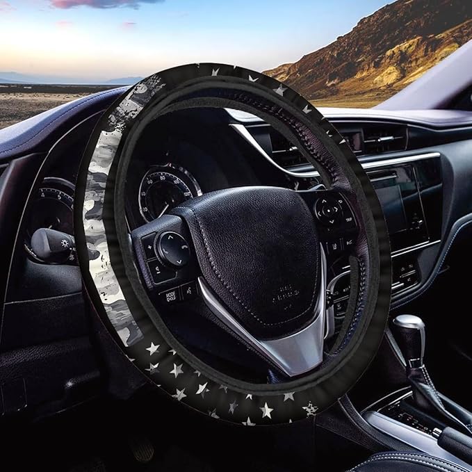 SEANATIVE Gray US Flag Auto Steering Wheel Cover Auto Interior Protector Accessiores,Non-Slip Universal fit 15 inch, for Van Car Sedan SUV