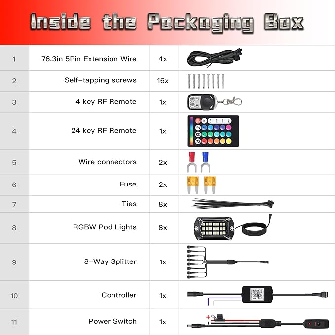 8 Pods Full Angle RGBW LED Rock Lights for Truck ATV UTV RZR SXS Jeeps Van RV Offroad,Waterproof Multicolor Neon Underglow Kit with APP/RF Remote&Brake Red Function, 12V Pure White Underbody Lights