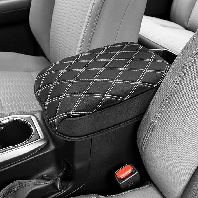 Center Console Armrest Cover for Toyota Tacoma 2016-2023, Middle Console Cushion Pad, Arm Rest Lid Covering, Vinyl Leather Interior Accessories, Black-Gray Stitches