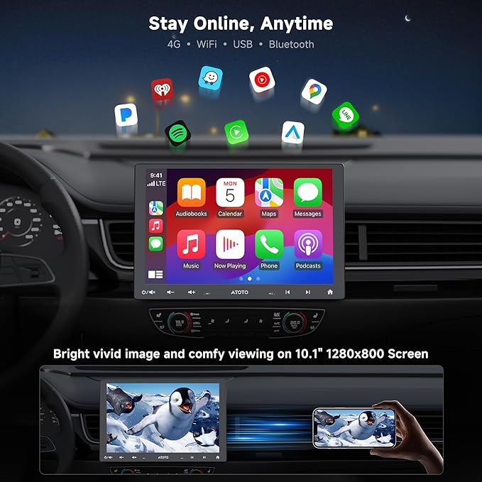 ATOTO S8 MS 10" Android Double-DIN & Single-DIN Car Stereo, QLED Floating Screen, 4G LTE/Wi-Fi, Dual Cam Recording, Wireless CarPlay & Android Auto, Dual Bluetooth, GPS Track, 36EQ, DSP