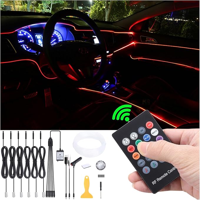 Car Ambient Lighting Kit 8 Colors Multicoloured Music Optic Fiber RF Remote Control Car DIY Decorative Atmosphere Lighting DC 12V 1W 8m