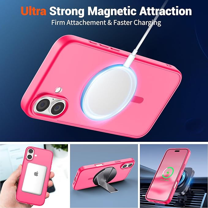 SUPFINE Magnetic for iPhone 16 Plus Case(Compatible with MagSafe) (Military Grade Drop Protection) Slim Translucent Matte Shockproof with Anti-Fingerprint Phone Case,Hot Pink