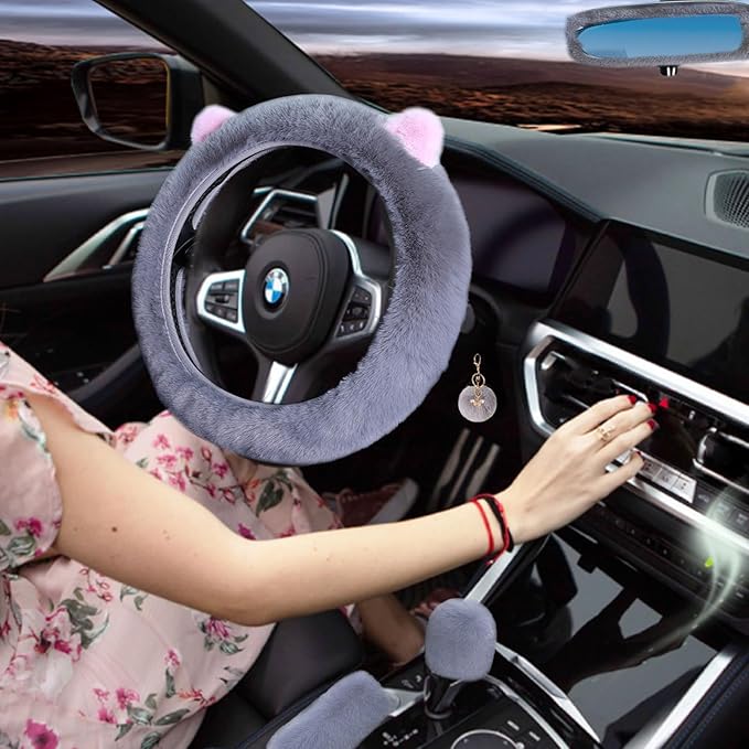 ZYNQACC 9 Pack Cute Bear Fluffy Car Accessories for Women Girls,Kawaii Fuzzy Steering Wheel Cover Universal 15 inch Plush Cute Ears
