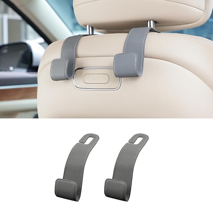 Purse Holder for Car, 2 Pack Upgraded Car Seat Hooks for Hanging Purse and Bag, Leather Headrest Hooks for Car Back Seat, Car Organization Accessories (Gray)
