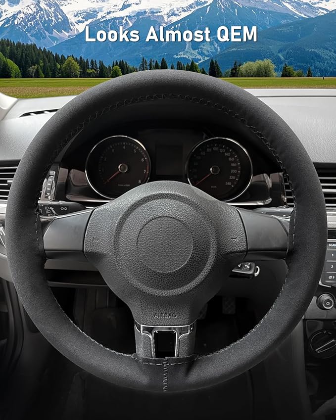BELINOUS Suede Leather Steering Wheel Cover, DIY Stitch-On Steering Wheel Wrap with Needle & Thread, Non-Slip & Sweat-Absorbing, Universal Fit for 13.75-16 Inch (Size L0, Black)