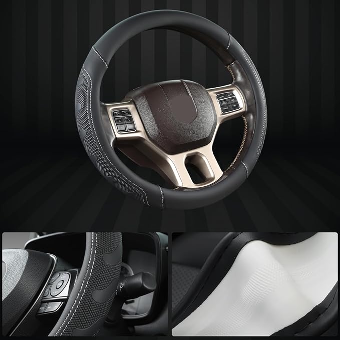 GIANT PANDA Car Steering Wheel Cover for RAM 1500 2500 3500, Compatible with Dodge RAM 15.5-16 inches - Black+Gray Line