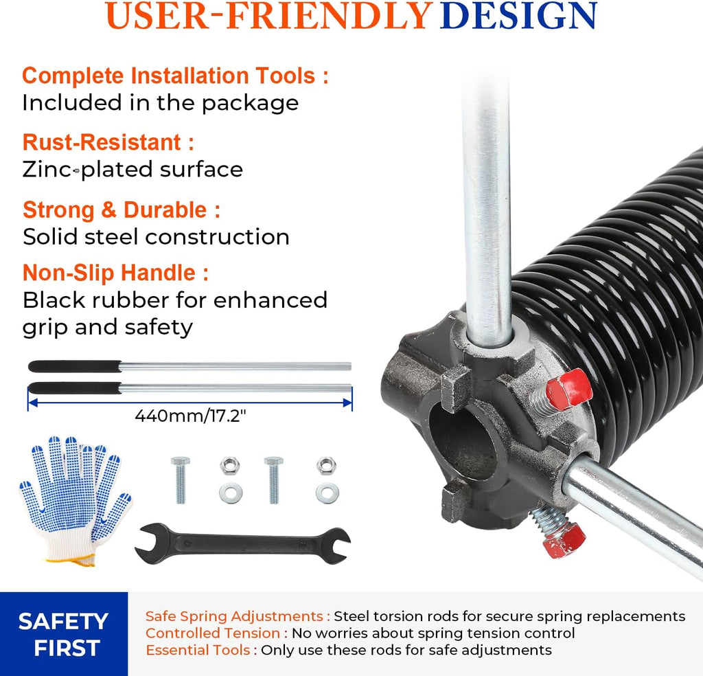Pair of 2" Garage Door Torsion Springs (0.250'' X 2‘’ X 32‘’) with Non-Slip Winding Bars & Gloves, Heavy-Duty Replacement, 18,000 Cycles, High Precision Electrophoresis Black Coated