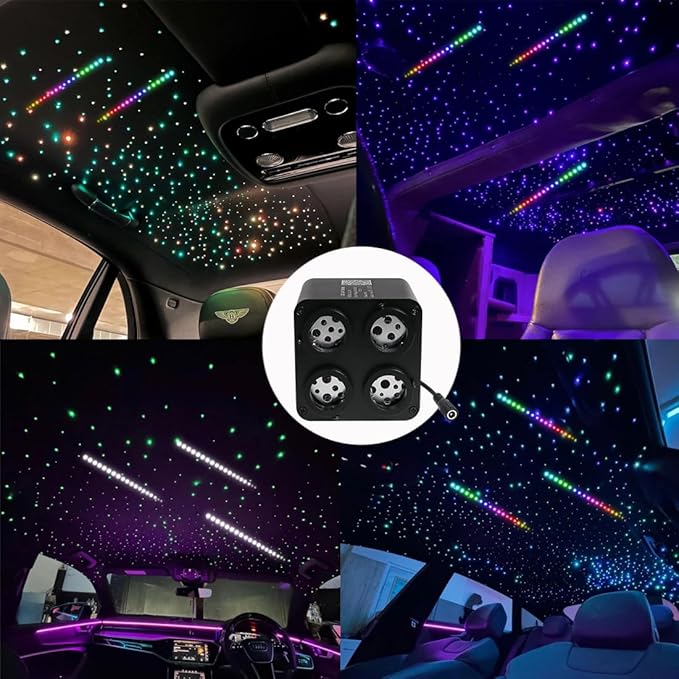 AMKI Updated 4Color Meteor Twinkle 36w Starlight Headliner Kits 2000pcs 0.03in 13.1ft, 240pcs RGB Meteor Shooting Star Cable, 2 in 1 Fiber Optic Light Box RGBW Sound Activated Mode for Car& Home Decor