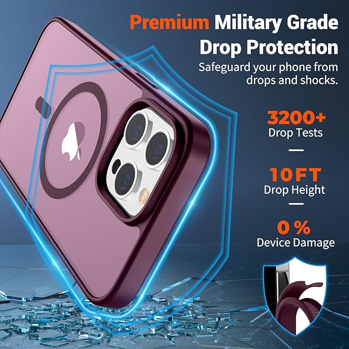 SUPFINE Magnetic for iPhone 13 Pro Max Case (Compatible with MagSafe) (Military Grade Drop Protection) Slim Translucent Matte Shockproof with Anti-Fingerprint Phone Case,Wine Red