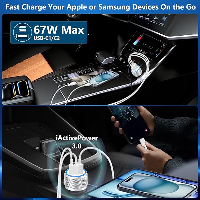 [Apple MFi Certified] iPhone 17 Car Charger, Rombica 3-Port 67W Dual USB-C&USB-A Car Power Cigarette Lighter PD/QC Type-C Fast Car Charger with Type-C Cable for iPhone 17/17 Pro Max/16 Pro/15 Pro/iPad