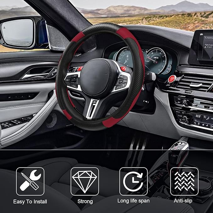 15" Car Steering Wheel Cover, Carbon Fiber Leather Stitching Elastic Steering Wheel Protector, Anti-Slip/Breathable/Durable/Soft, Interior Accessories for Most Cars (Carbon Fiber Black +Wine Red)