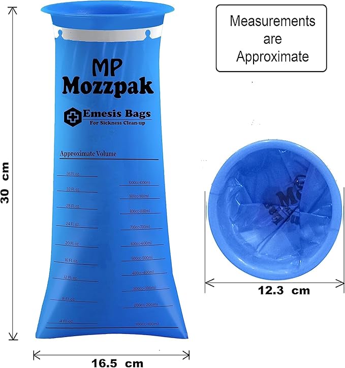 MP MOZZPAK Vomit Bags Disposable 35 Pack - 1000ml Emesis Bags, Leak-Proof Barf Bag, Travel Friendly Puke & Nausea Bag for Motion Sickness, Medical Grade Throw up Relief for Car
