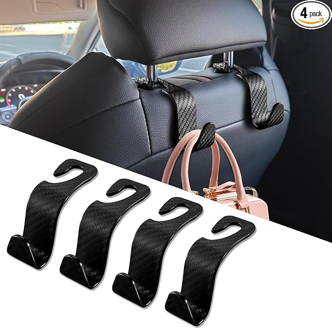 4PCS Car Seat Headrest Hook, Plastic Auto Back Seat Hanger Hooks, Multi-functional Stylish Seat Hooks, Universal Car Interior Headrest Hanger Storage Accessories for Purse Coats Handbag (Black)