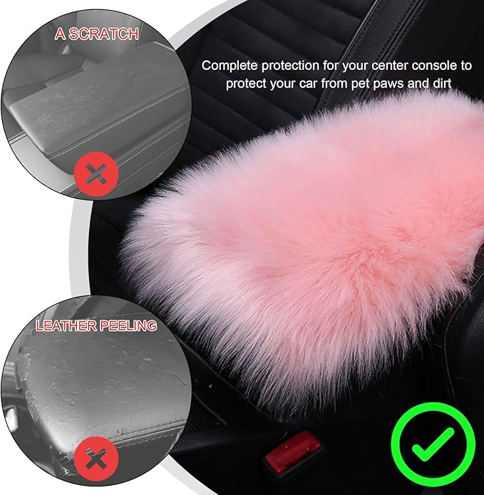 Center Console Cover, 11.81"×7.87" Automotive Fluffy Plush Center Armrest Protector, Universal Furry Comfortable Center Console Pad for Cars Trucks SUVs, Car Accessories (Light Pink)
