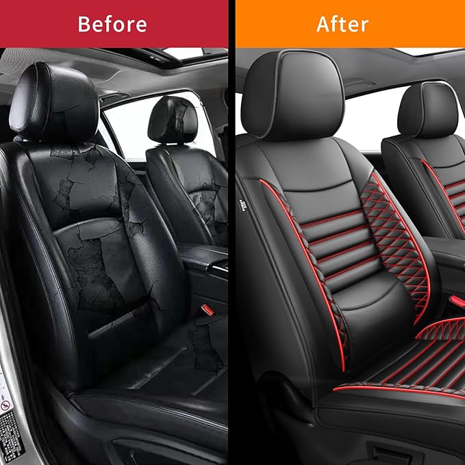 Fit Prius Car Seat Covers for Toyota Prius 2001-2024 2025 2026 - Upgraded Premium Waterproof & Breathable Leather, Airbag Compatible, All-Weather Seat Cushion Protector (2 Front/Black+Red)