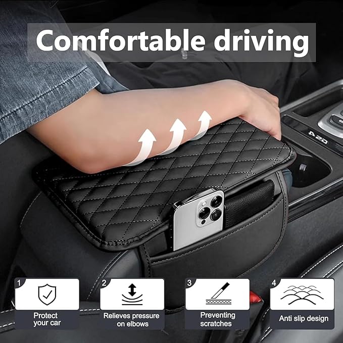 Car Armrest Cushion for Isuzu D-MAX MU-X 2015-2025, Center Console Covers Pad Leather Accessories, Arm Rest Protector Mat with Side Storage Bag for SUV/Sedan/Truck,A/Black