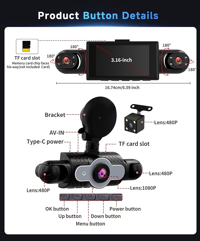 360°Dash Cam Front and Rear Inside Left Right, 4 Channel FHD 1080P Dash Cam for Cars,3 Inch Dashcams with Night Vision, Loop Recording, Motion Detection, 24H Parking Mode Monitor,Reverse View