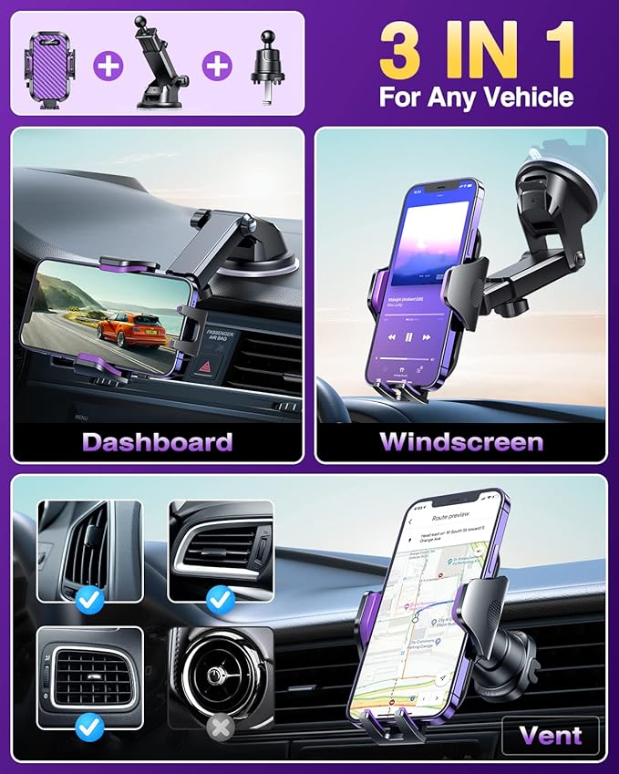 VANMASS Phone Holders for Your Car 2026 Ultimate Phone Mount Military-Grade Windshield Dashboard Vent【Newest Best Strongest】 Cell Phone Car Mount for iPhone 16 Pro Max 15 Samsung Android,Purple