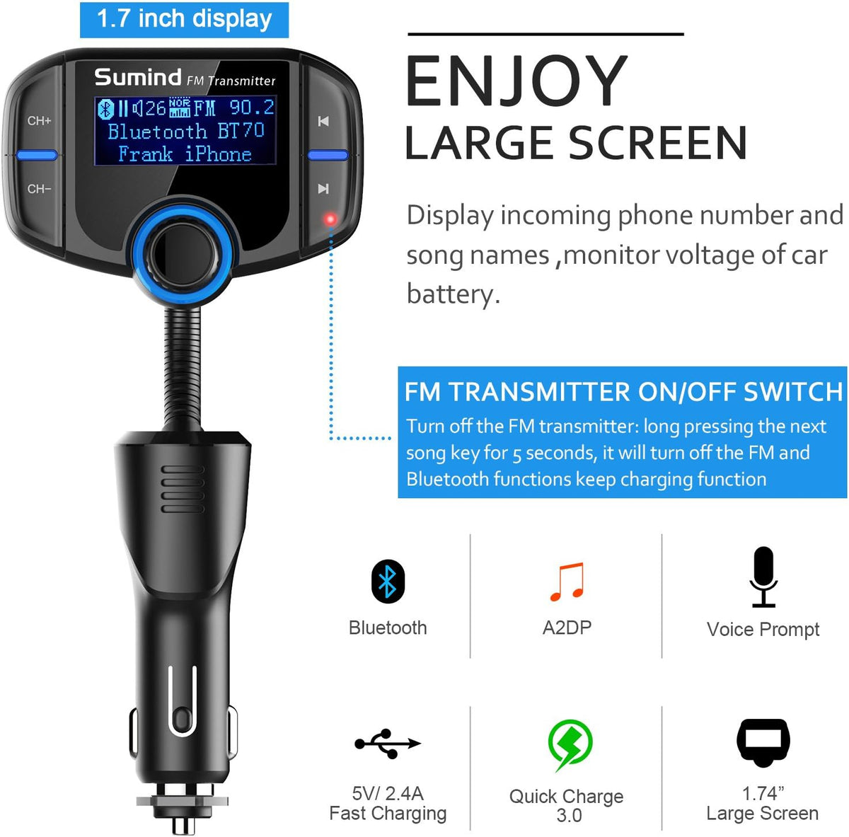 (Upgraded Version) Bluetooth FM Transmitter, Sumind Wireless Radio Adapter Hands-Free Car Kit with 1.7 Inch Display, QC3.0 and Smart 2.4A Dual USB Ports, AUX Input/Output, TF Card Mp3 Player