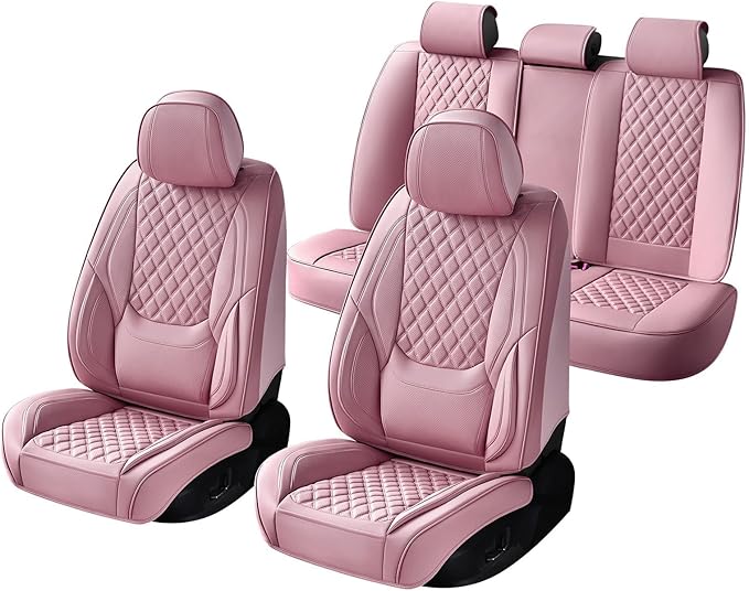 Car Seat Covers Full Set Pink, Luxury Faux Leather Car Seat Covers Waterproof Non-Slip Seat Protector Universal Fit for Most Cars SUVs Trucks Pick-ups, Cute Pink Car Accessories for Women