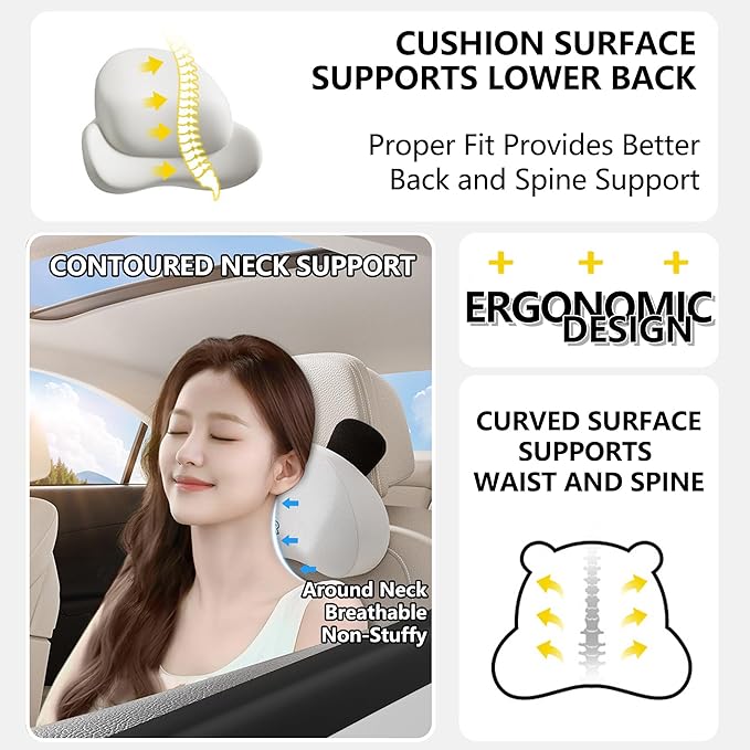 Cute Panda Car Neck Pillow & Lumbar Support Memory Foam Cushion for Driving Adjustable Headrest Waist Pillow for Most Seats (Black, Headrest 2Pcs)