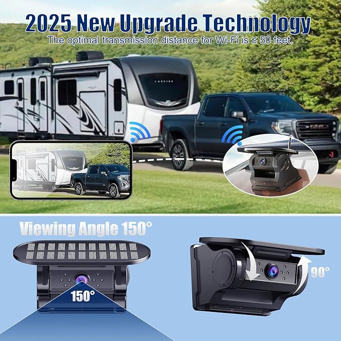 WiFi Magnetic Solar Wireless Backup Camera, 10000mAh Rechargeable 1080P Rear View Camera for Truck RV Trailer Car, DVR Recording Night Vision, IP68 Waterproof, Easy Installation