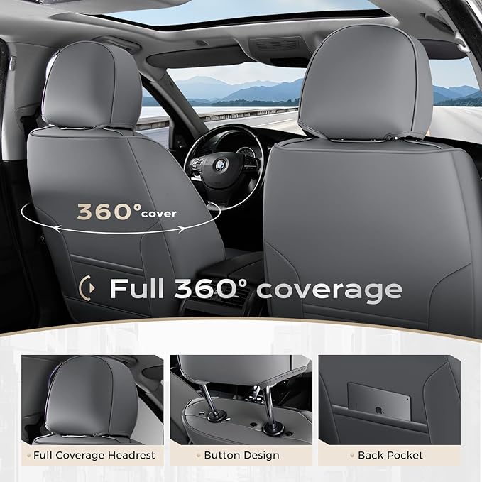 Coverado Seat Covers, Car Seat Covers Front Seats, Car Seat Cover, Car Seat Protector Waterproof, Seat Cushion Nappa Leather with Head Pillow, Carseat Cover Universal Fit for Most Cars (Gray&Black)