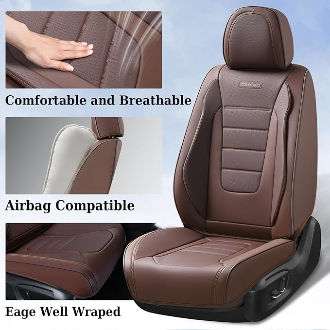 Coverado Car Seat Covers Full Set, Nappa Leather Seat Covers for Cars, Car Seat Protector Car Seat Cushion, Front and Back Seat Protectors Cushions Universal Fit for Most Cars Vehicles(Brown)