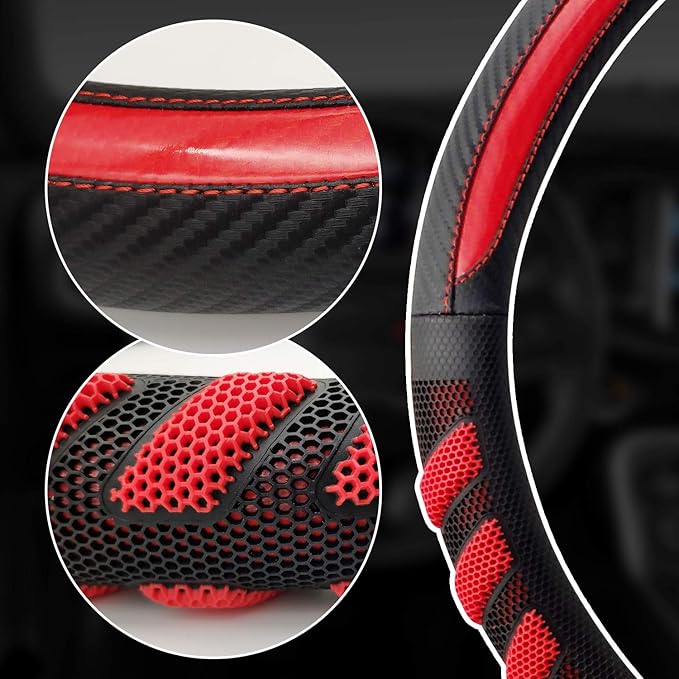Sport Grip Style Dark Red Leather Steering Wheel Cover,Black ,Universal Fit 14.5-15.25 inch Steering Wheel