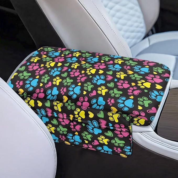 Dreaweet Colorful Dog Paw Center Console Armrest Pad Cover Cute Car Accessories for Women Middle Console Covers with Pockets Soft Anti-Scratch Car Armrest Storage Box Mat