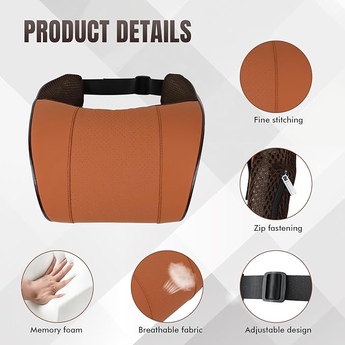 Car Neck Pillow with Memory Foam, Soft Comfortable Headrest Pillow for Driving, Ergonomic Design, Auto Seat Neck Support Pillows Head Rest Cushion with Breathable Leather Cover (Brown)